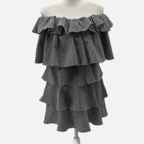 MLM Label Porte Off Shoulder Ruffle Dress in Black Utopia Check - NEW - Small - Picture 4 of 10